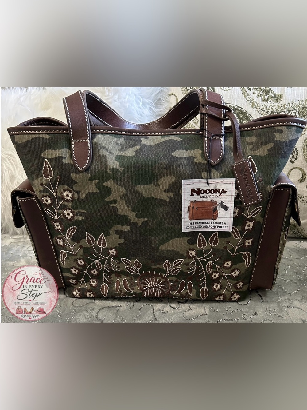NWT Nocona XL, Camo Green/Brown Floral Embroidered Conceal Carry Satchel